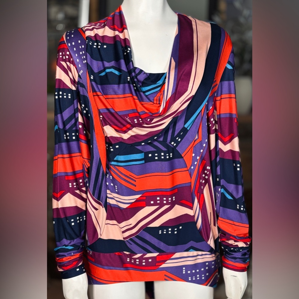 Issa London Silk Purple & Red Cowl Neck Long Sleeve Dolman Tunic Dress, Sz 4 NWT